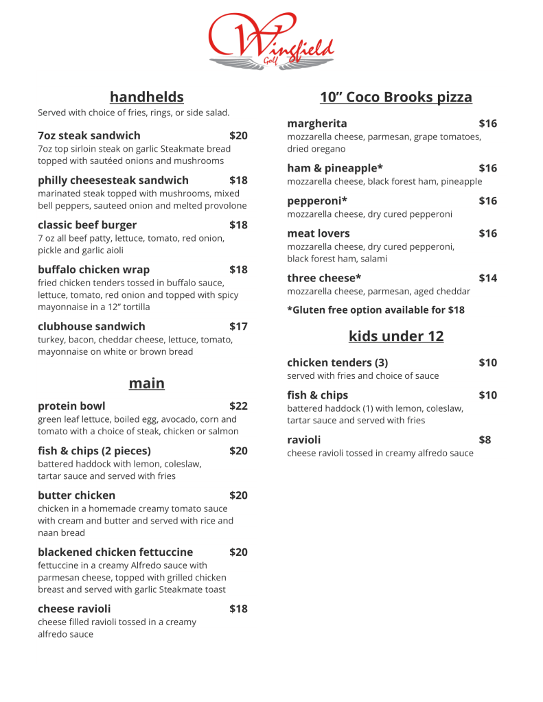 2025 Wingfield Restaurant Menu